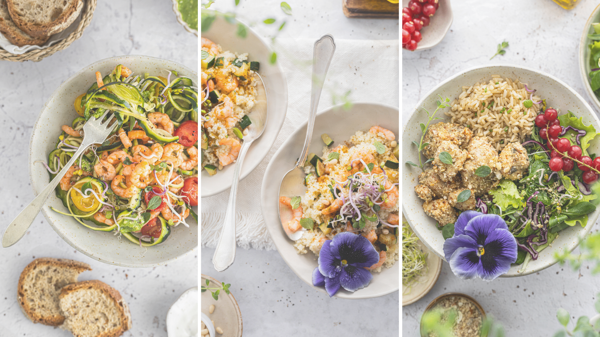 Tre ricette del Metodo del Piatto Sano: gamberetti con zucchine, cous cous e polpette con riso integrale